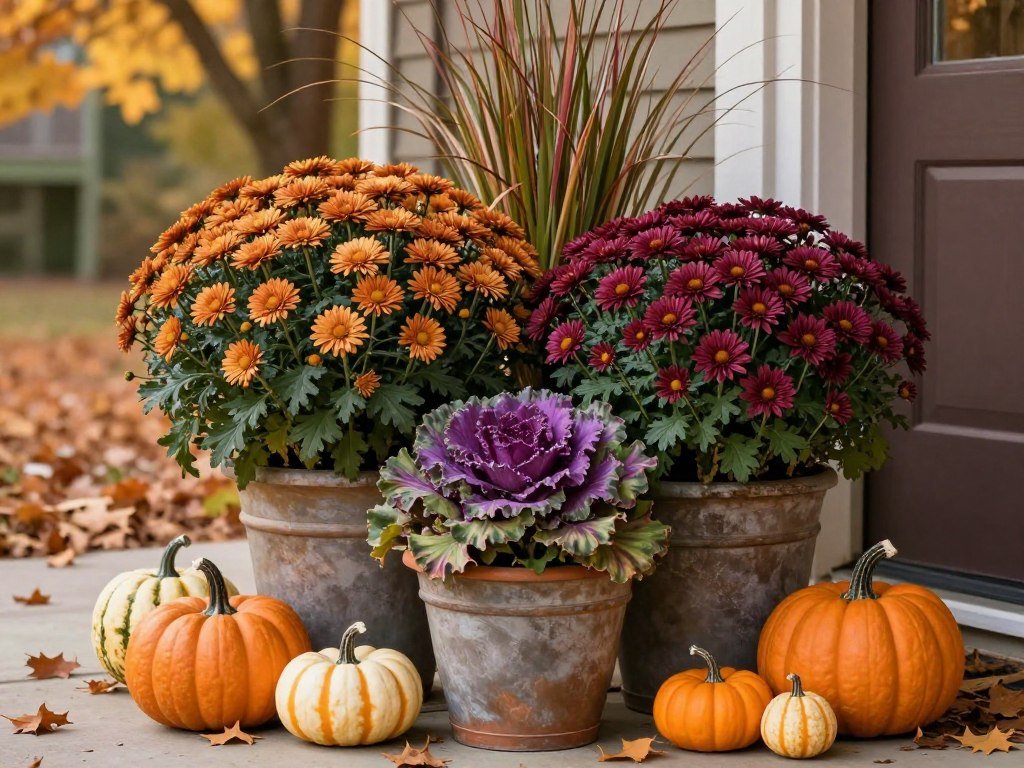 Autumn porch planters with mums, ornamental cabbage, and decorative pumpkins