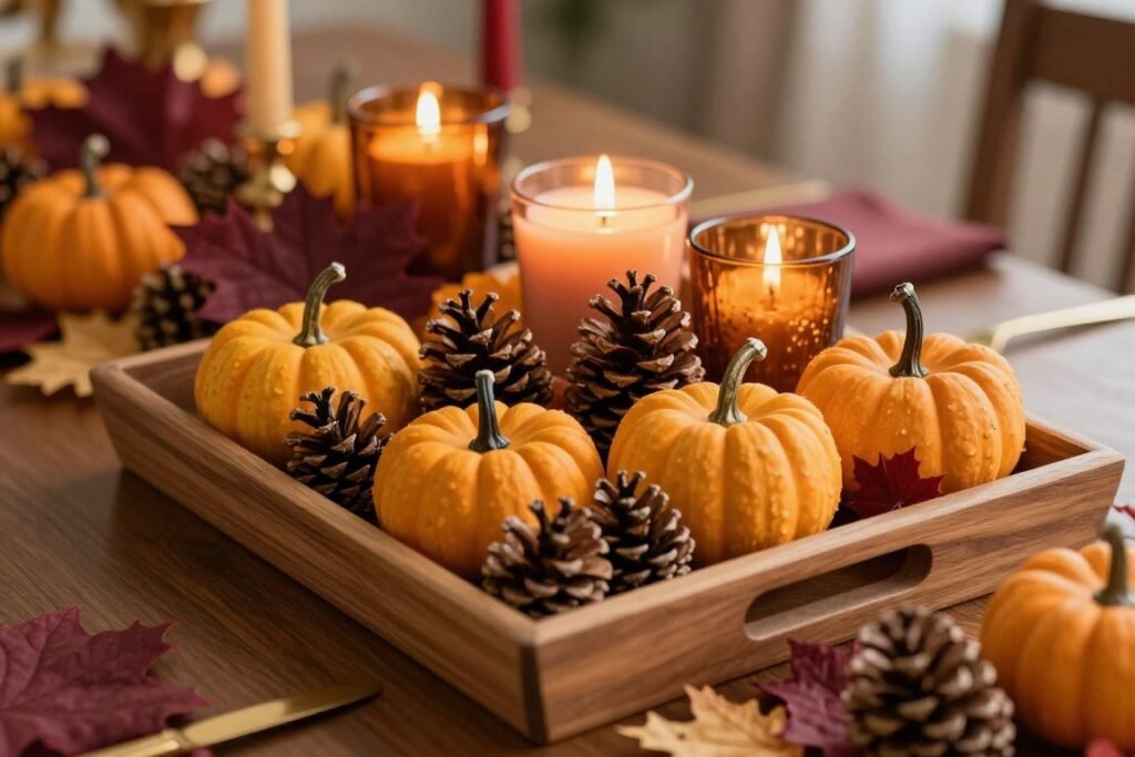 Autumn-themed cocktail table with rich colors and natural elements