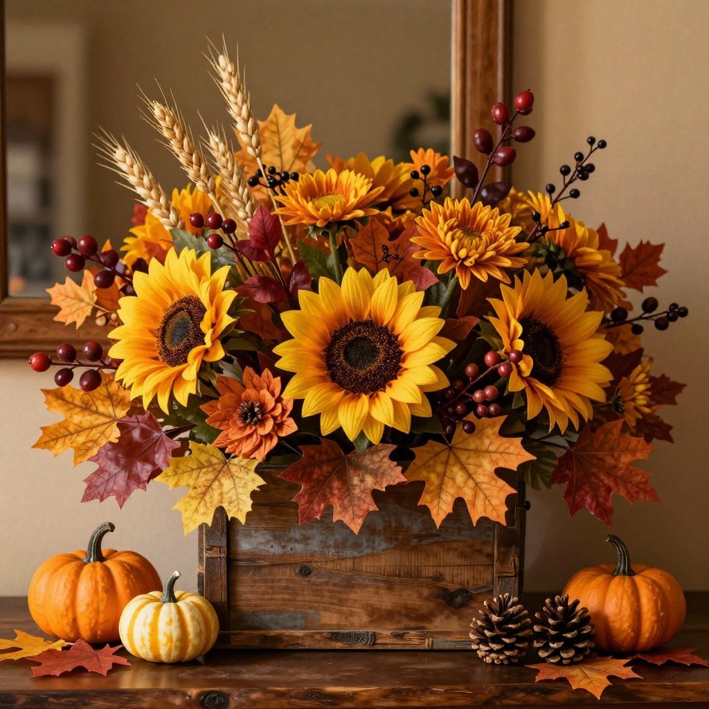 Autumn-themed fake flowers decor with rich oranges, reds, and fall foliage Autumn-themed fake flowers decor with rich oranges, reds, and fall foliage