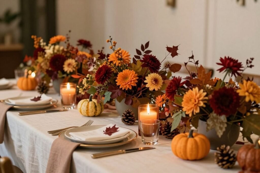 Autumn wedding table with simple arrangements of fall foliage and candles