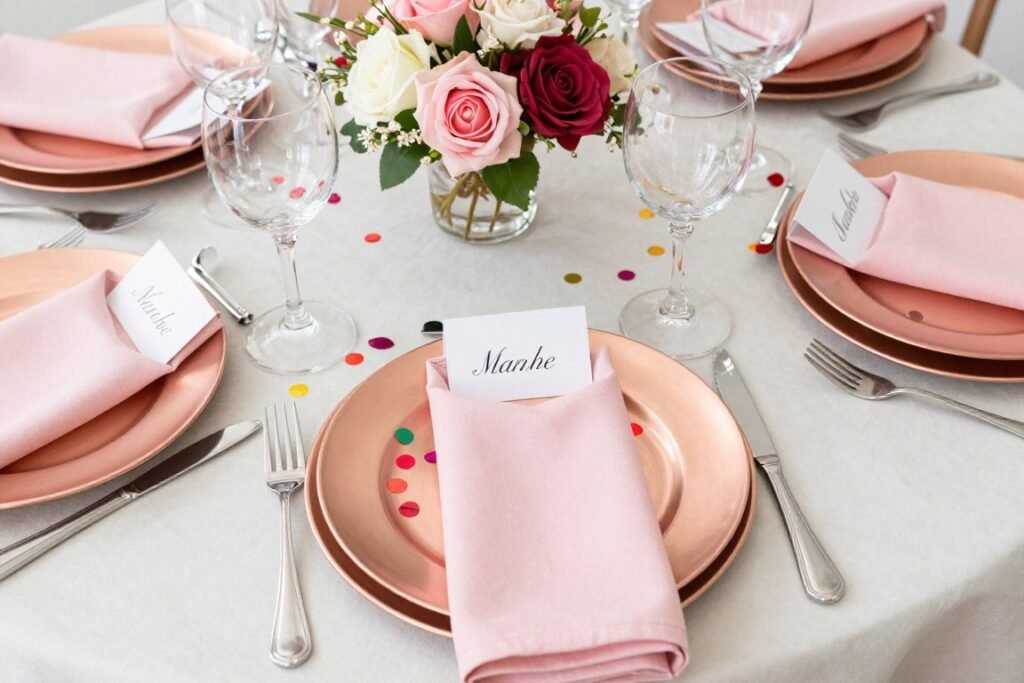 Bachelorette party table setting with confetti and centerpieces Bachelorette party table setting with confetti and centerpieces