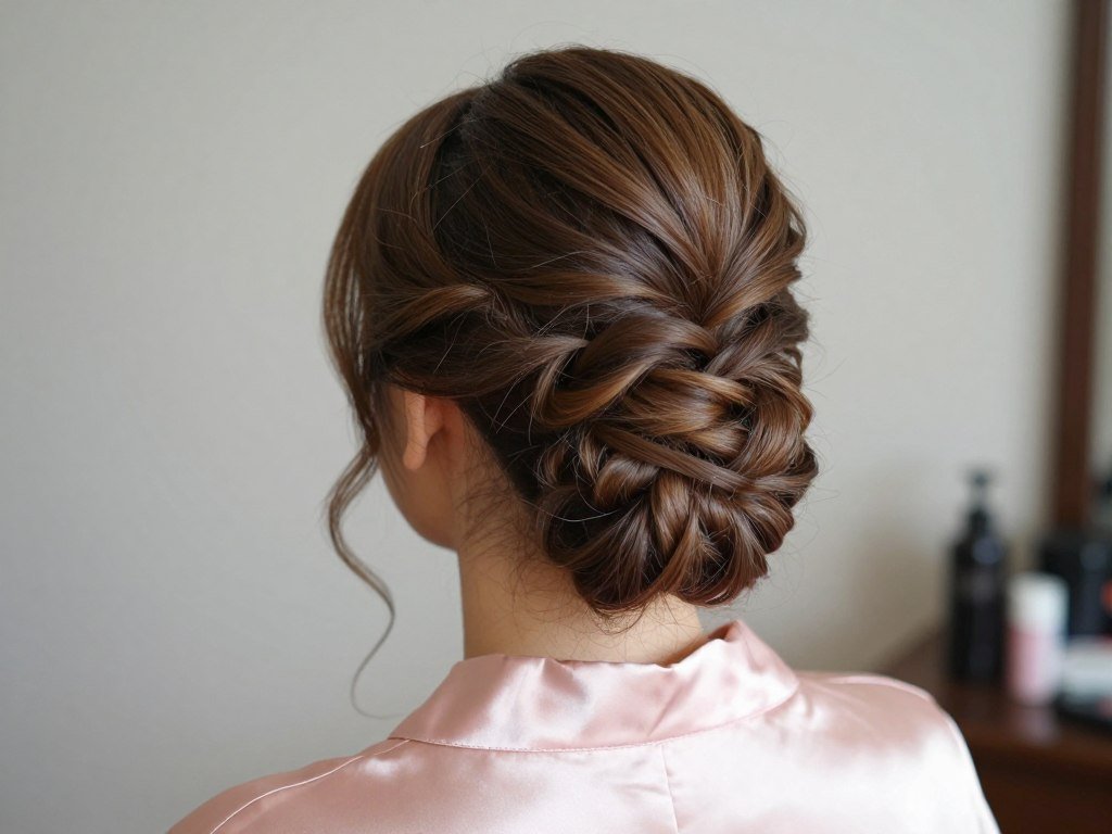 Back view of detailed bridesmaid hairstyle for photography Back view of detailed bridesmaid hairstyle for photography