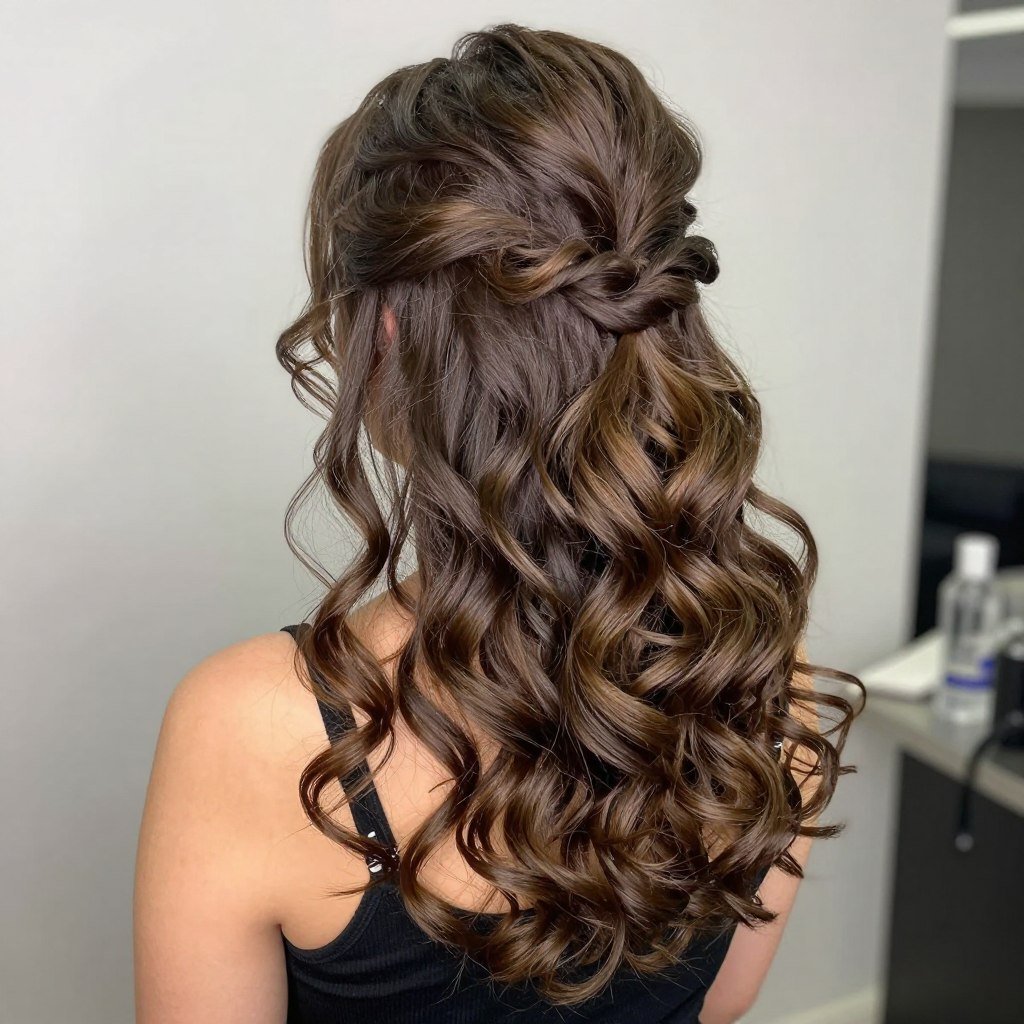 Back view of half-up curled hairstyle