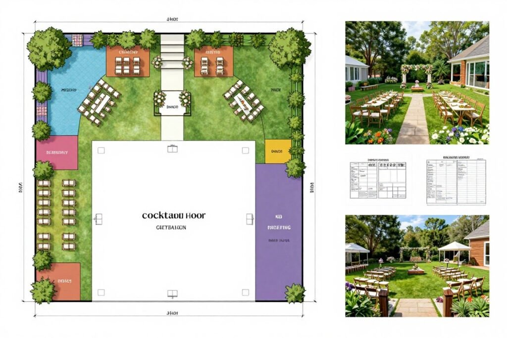 Backyard layout plan with marked zones for ceremony and reception