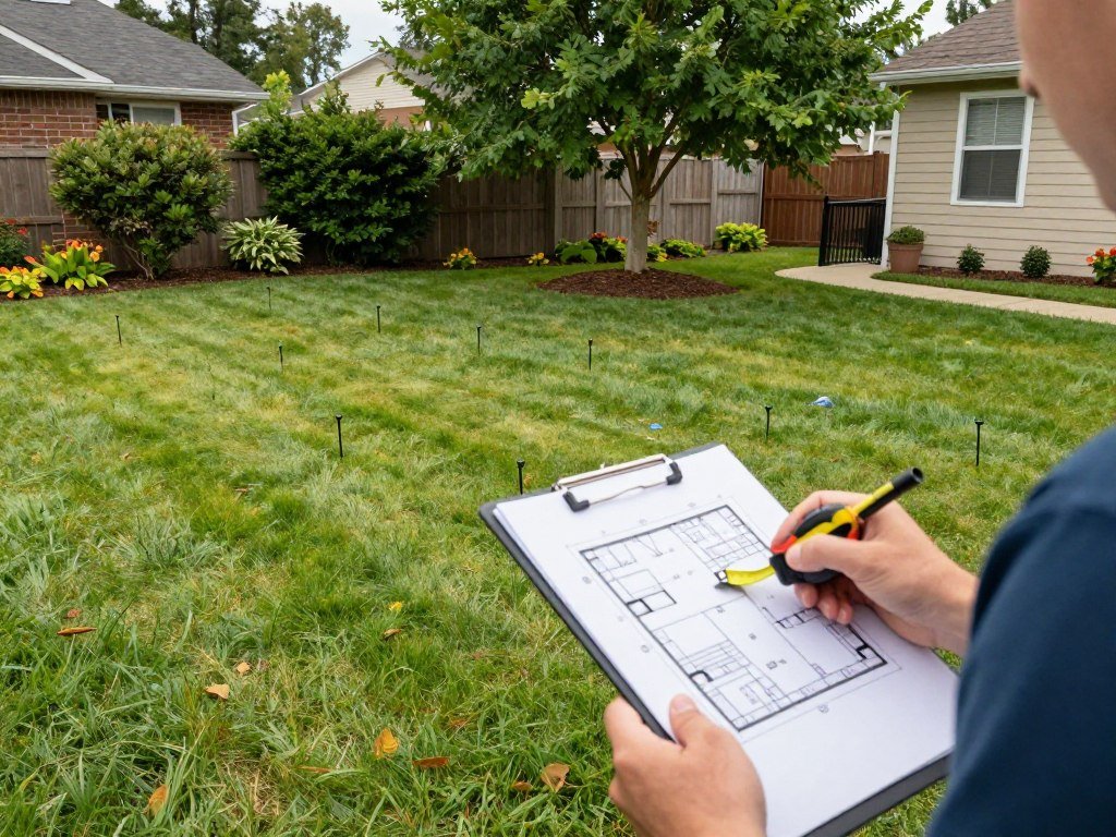 Backyard space being measured and assessed for wedding layout