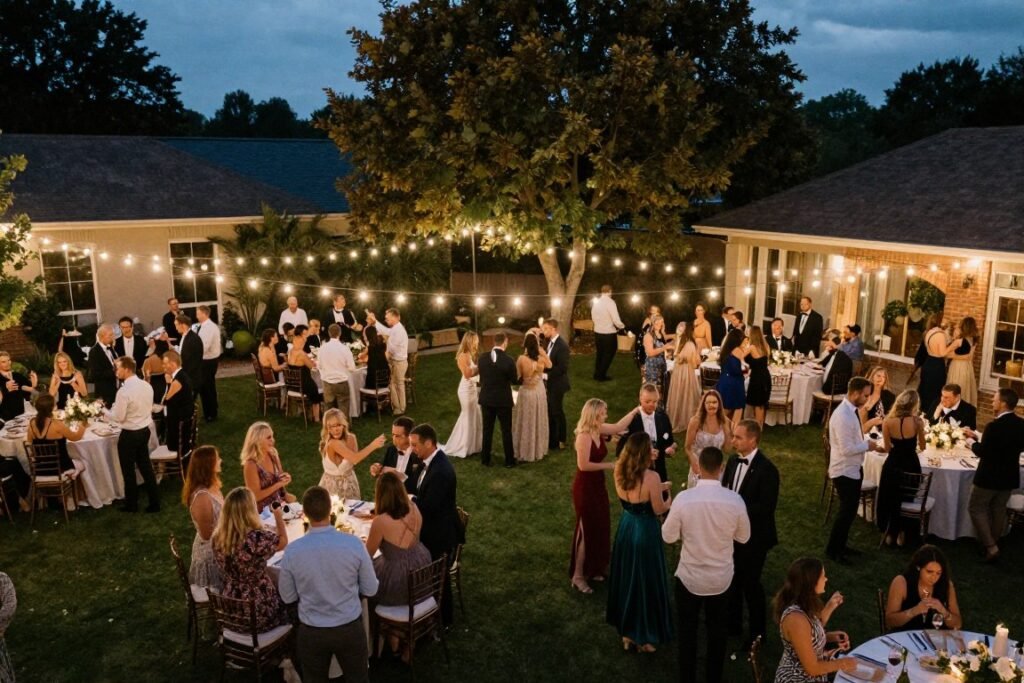 Backyard wedding at twilight with all guests celebrating
