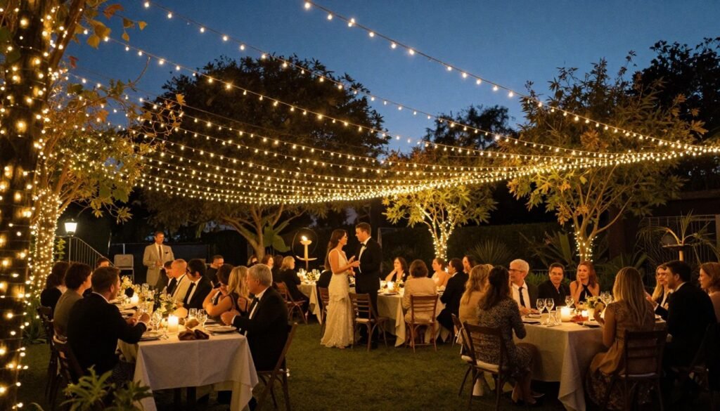 Backyard wedding illuminated with string lights at dusk