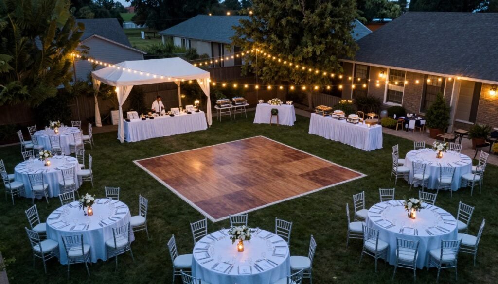 Backyard wedding reception layout with multiple zones