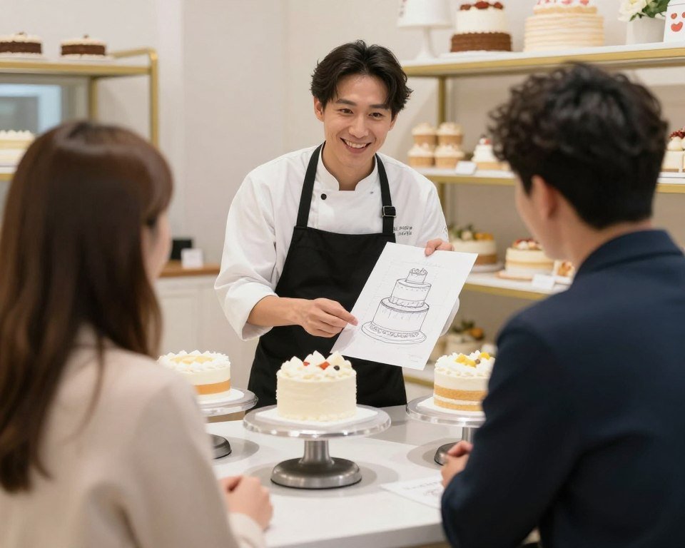 Baker consulting with couple about grooms cake