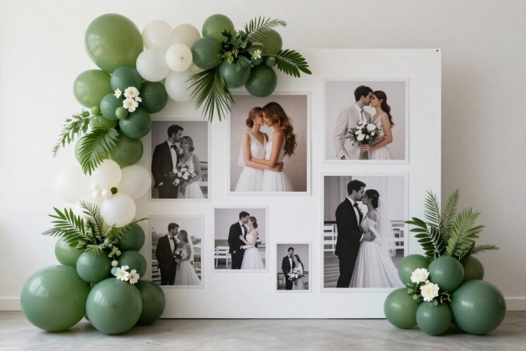 Balloon and greenery photo backdrop combining elements for modern bridal shower