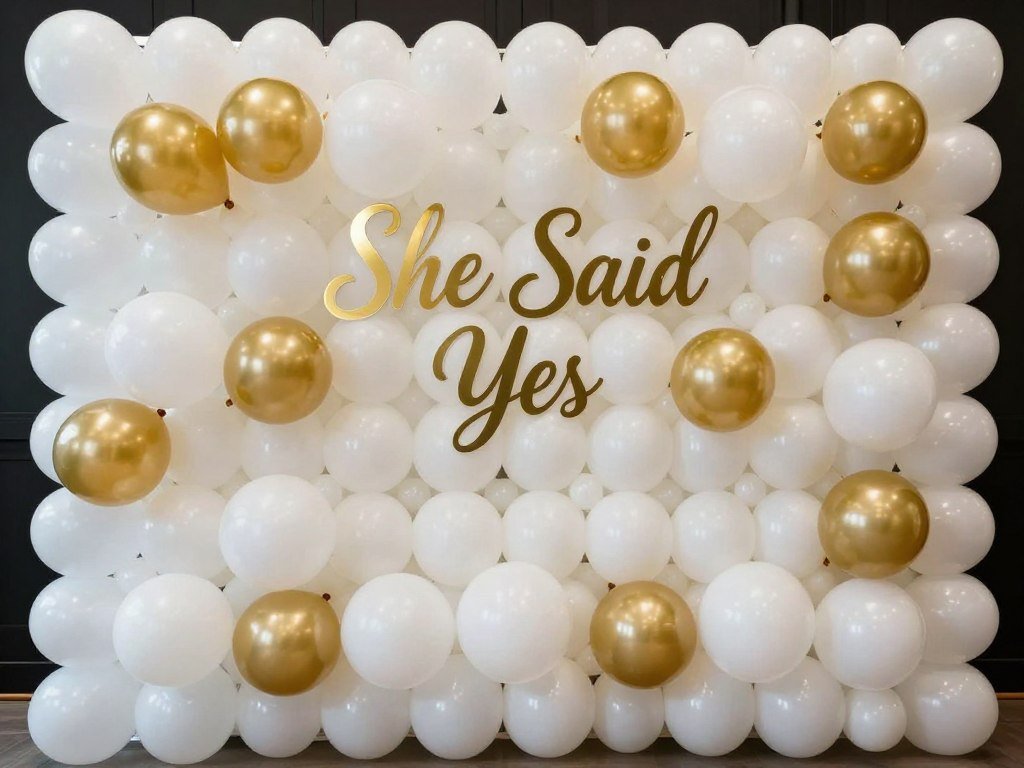 Balloon wall backdrop with 'She Said Yes' sign for engagement party