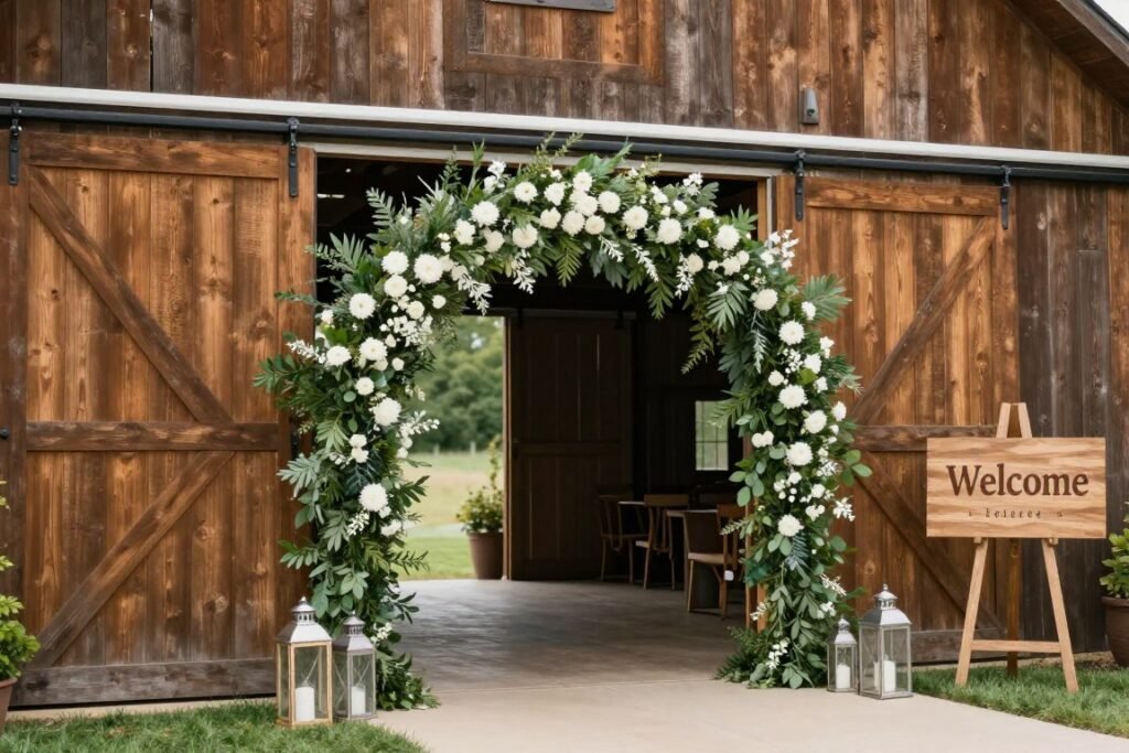 Barn entrance decorated with floral arch, lanterns, and welcome sign for wedding Barn entrance decorated with floral arch, lanterns, and welcome sign for wedding