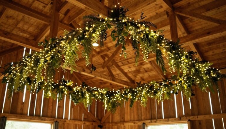Barn wedding ceiling decorated with string lights and greenery garlands hanging from wooden beams