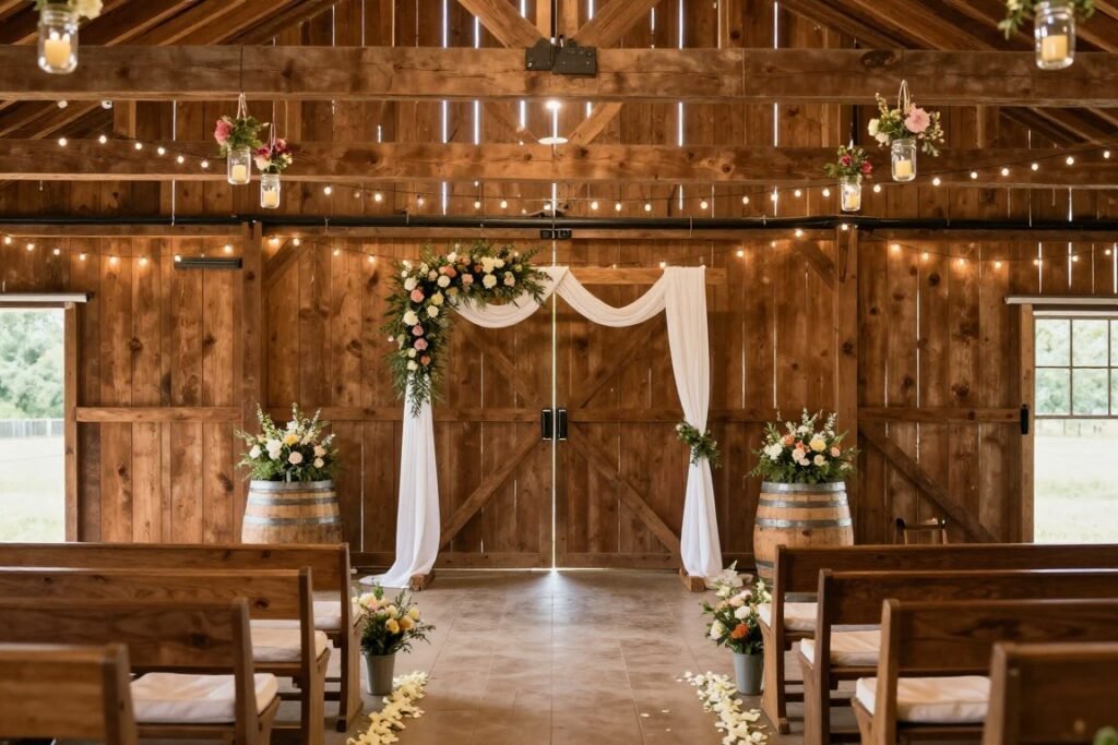 Barn wedding ceremony with rustic elements and hanging mason jar lights