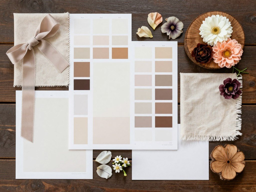 Barn wedding color palette sample with complementary colors and textures Barn wedding color palette sample with complementary colors and textures