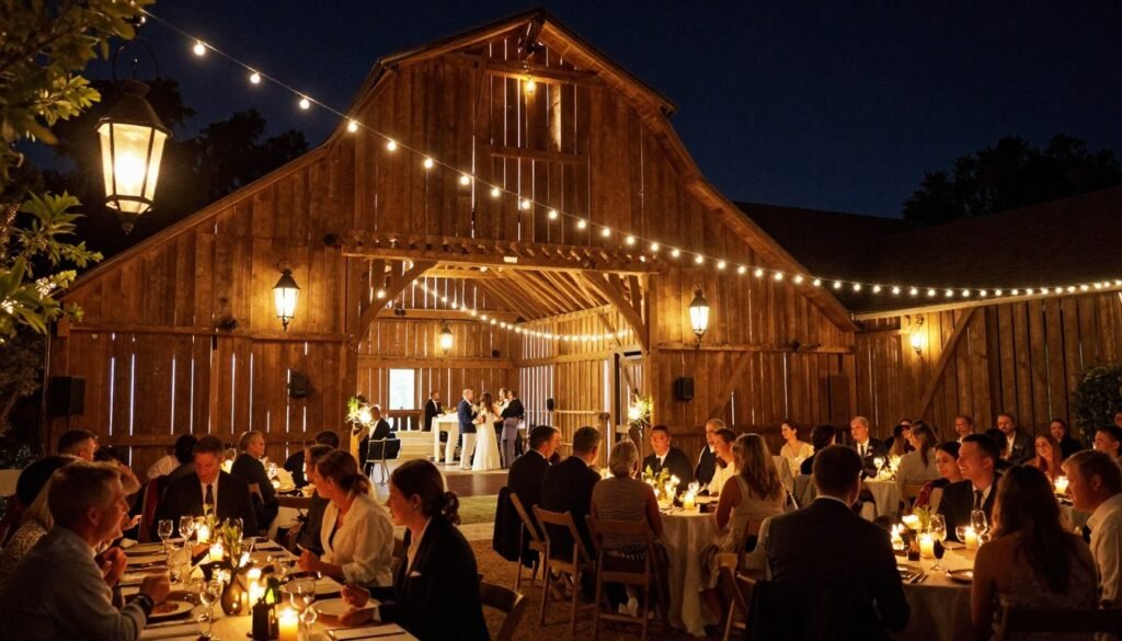 Barn wedding reception at night with warm lighting from string lights, candles, and lanterns Barn wedding reception at night with warm lighting from string lights, candles, and lanterns