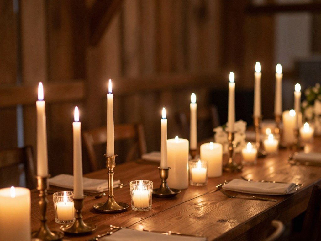 Barn wedding table with multiple candles in various holders creating warm atmosphere Barn wedding table with multiple candles in various holders creating warm atmosphere