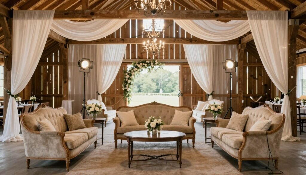 Barn wedding with rented vintage furniture, drapery, and specialty lighting Barn wedding with rented vintage furniture, drapery, and specialty lighting