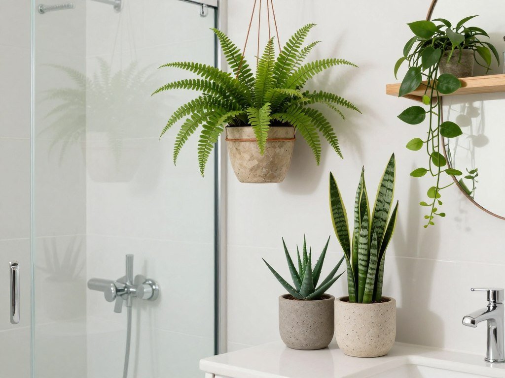 Bathroom with tropical plants in waterproof containers creating a spa-like atmosphere Bathroom with tropical plants in waterproof containers creating a spa-like atmosphere