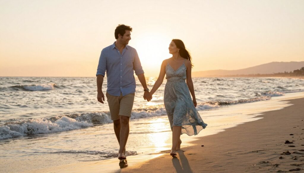 Beach anniversary photo shoot with couple walking along shoreline at sunset Beach anniversary photo shoot with couple walking along shoreline at sunset