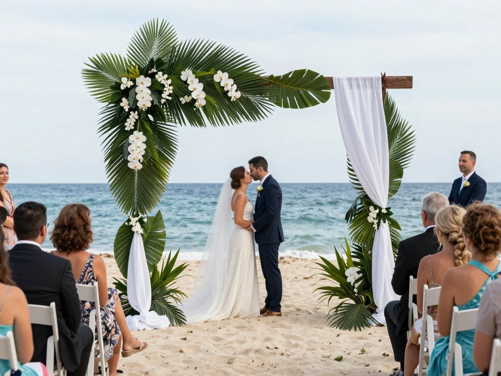Beach destination wedding with tropical arch decoration wedding