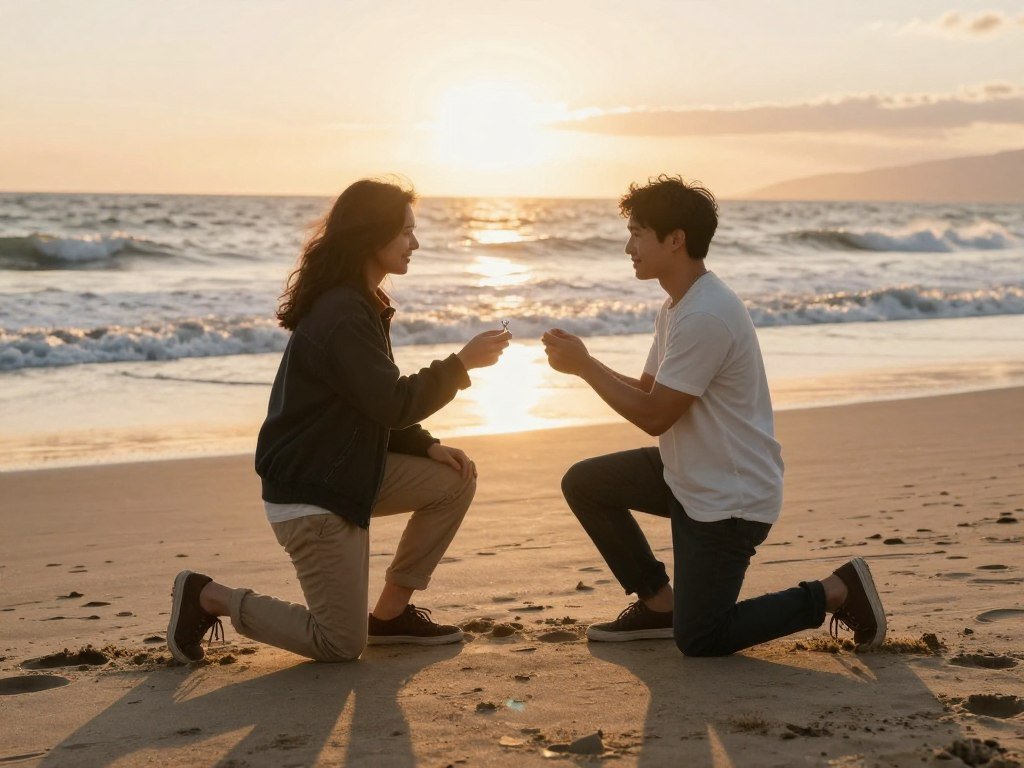 Beach proposal with engagement ring at sunset Beach proposal with engagement ring at sunset