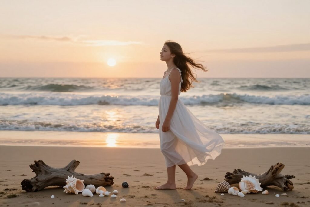 Beach sweet 16 photoshoot with ocean waves and sunset lighting