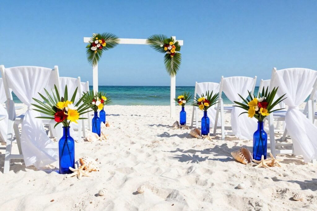 Beach wedding aisle decorated with shells, starfish, and tropical flowers