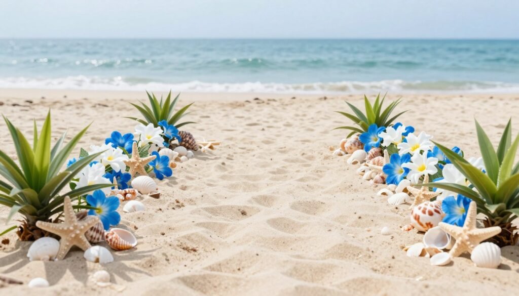 Beach wedding aisle with seashells, starfish, and tropical flowers