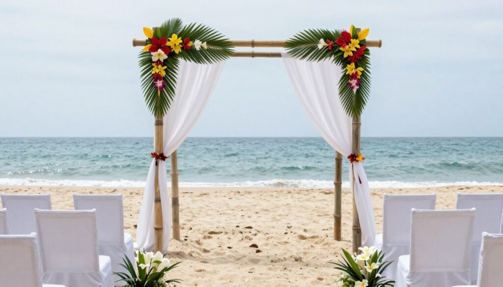 Beach wedding ceremony setup with bamboo arch, white fabric, and tropical flowers