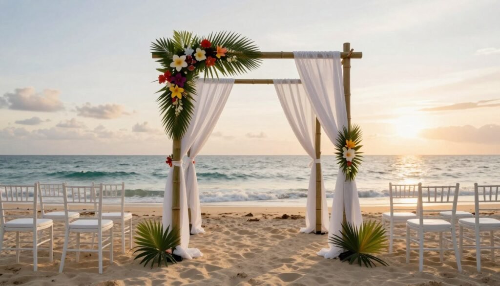 Beach wedding ceremony setup with ocean view