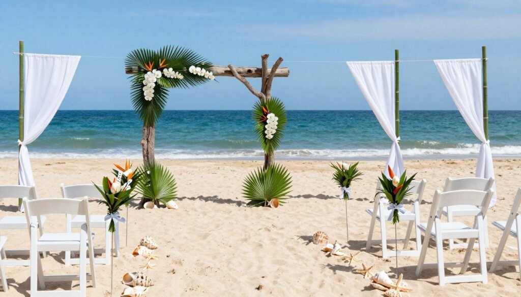 Beach wedding ceremony with driftwood arch and tropical flowers