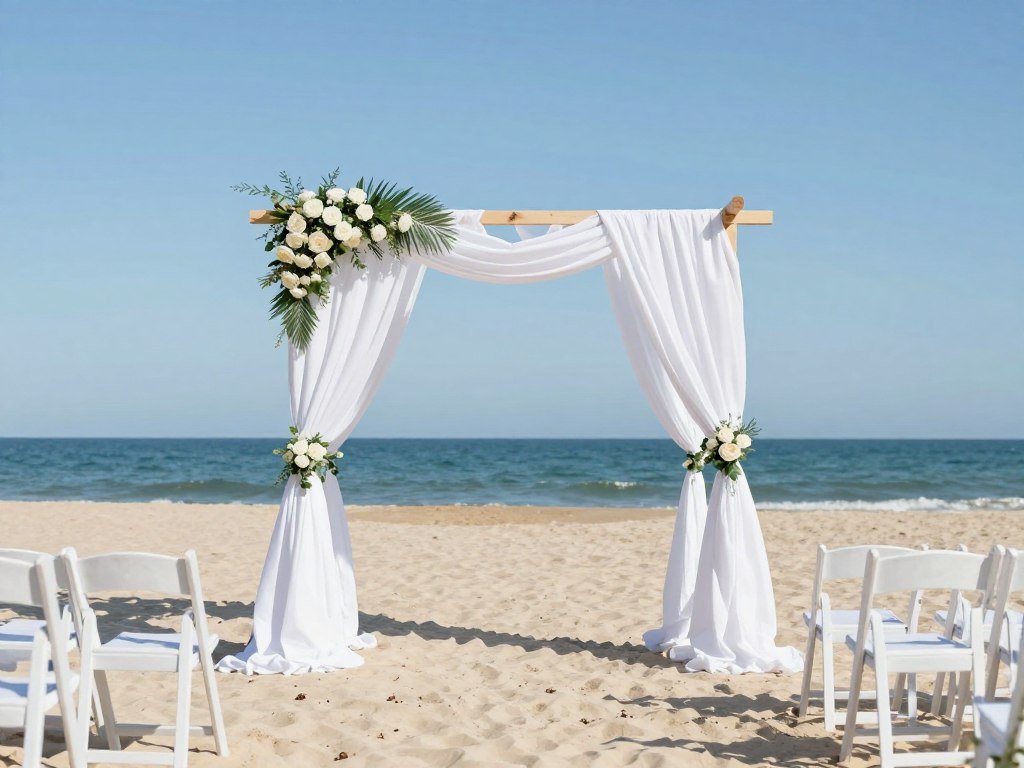Beach wedding ceremony with simple fabric arch and flowers