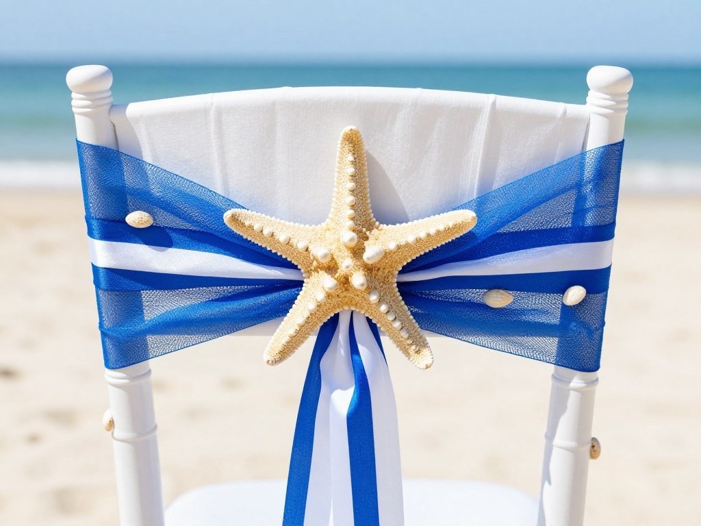 Beach wedding chair with starfish and blue netting
