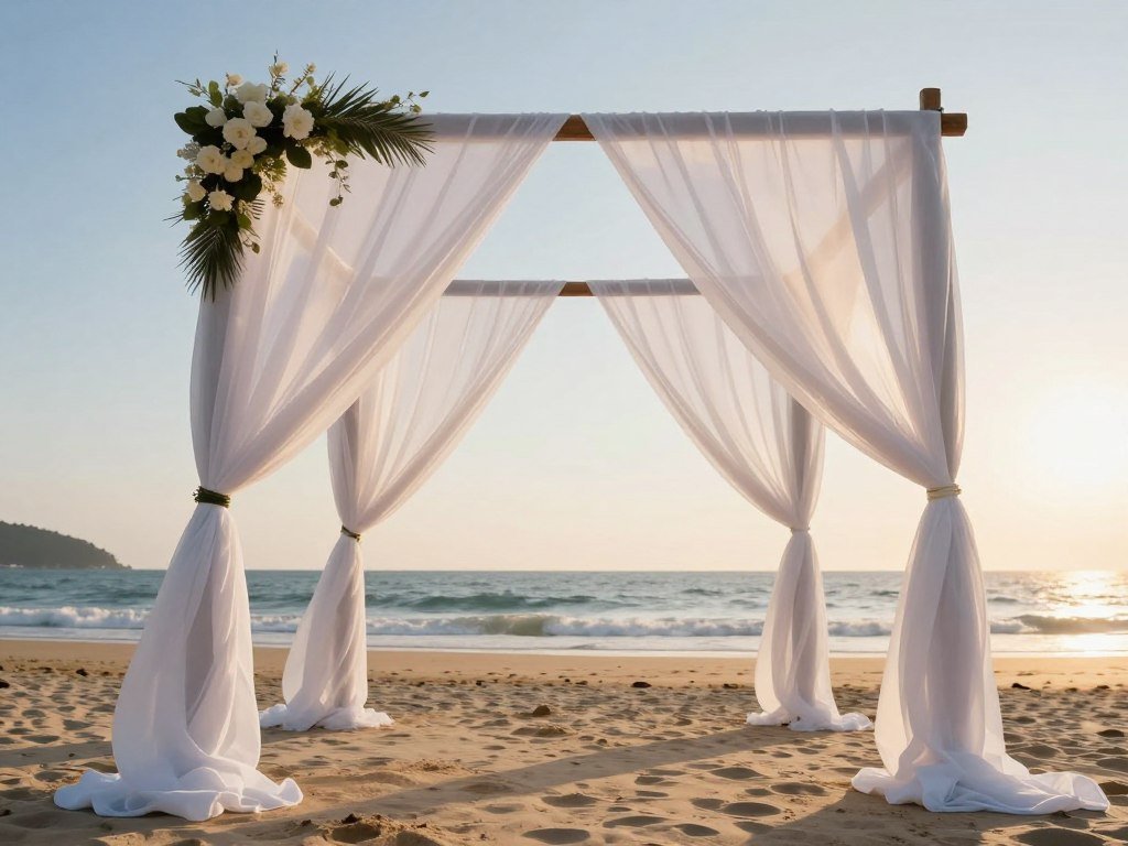 Beach wedding with billowing white fabric arch decoration wedding