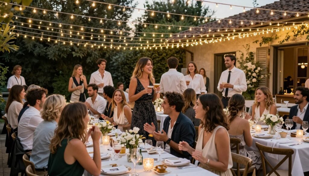 Beautiful Italian bridal shower celebration in full swing with guests enjoying