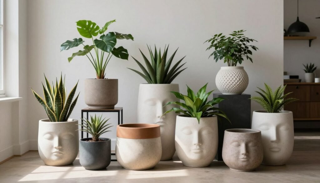 Beautiful arrangement of diverse face pots head planters in a styled home setting Beautiful arrangement of diverse face pots head planters in a styled home setting