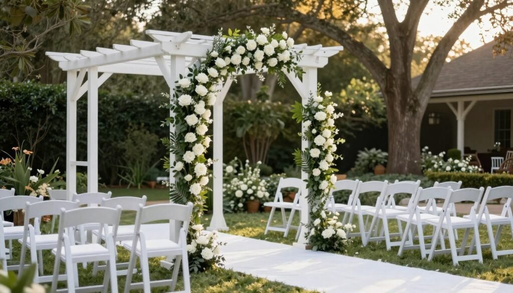 Beautiful backyard wedding ceremony setup with floral arch