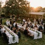 Beautiful backyard wedding setup with string lights and elegant decor