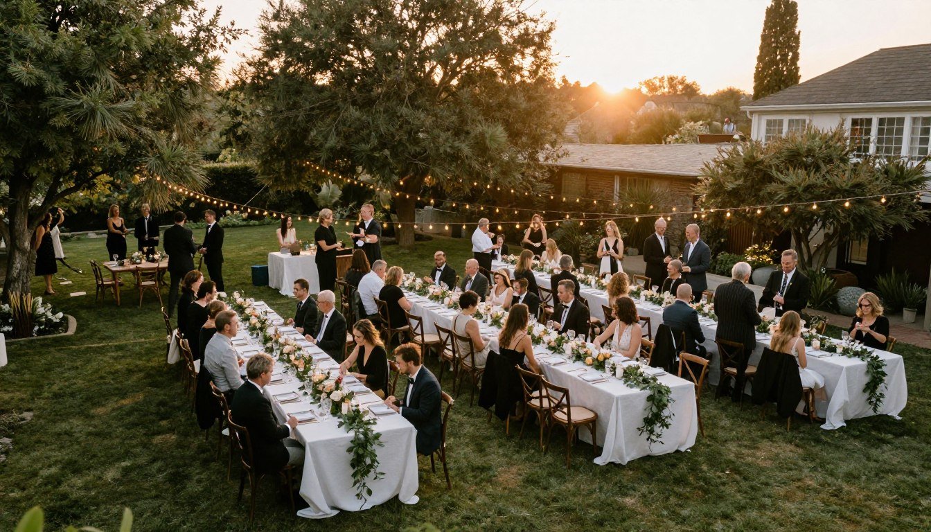 Beautiful backyard wedding setup with string lights and elegant decor