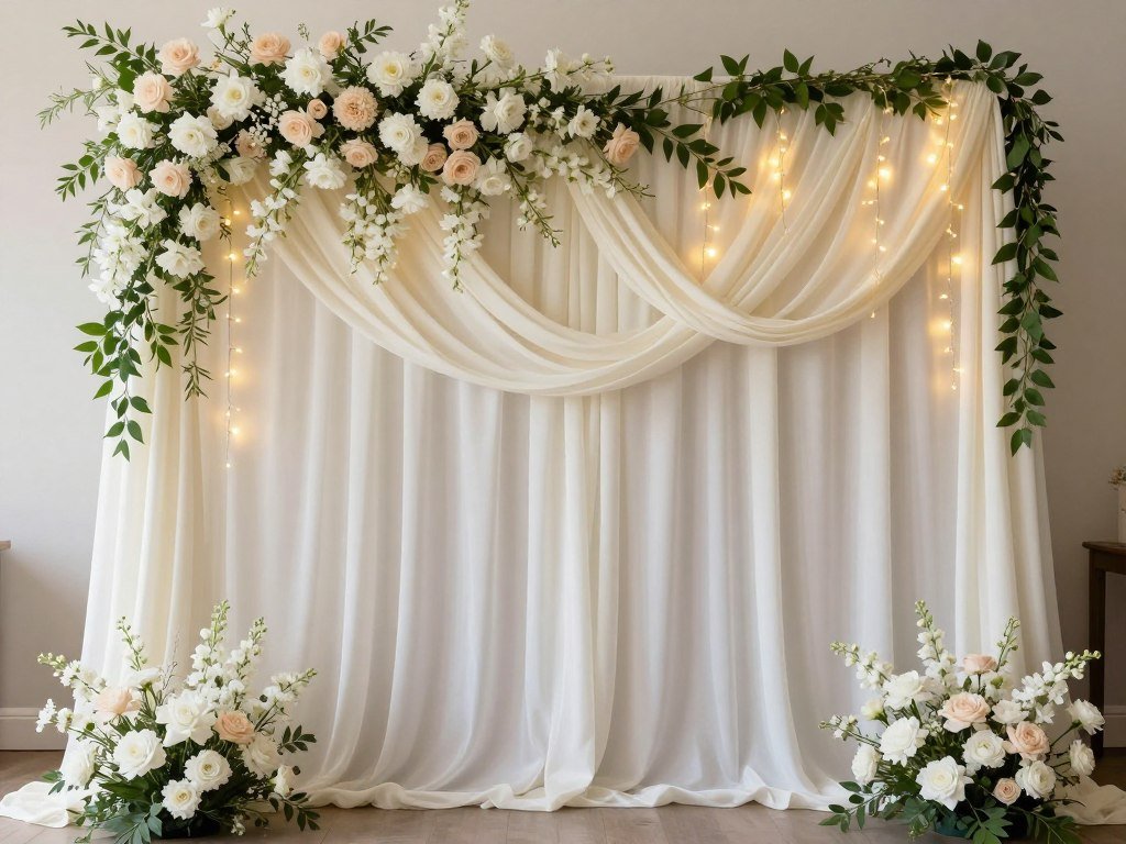Beautiful bridal shower backdrop with hanging floral arrangements and soft drapery creating photo-worthy moment