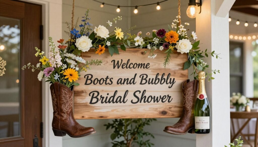 Beautiful bridal shower entrance with boots and bubbly welcome sign