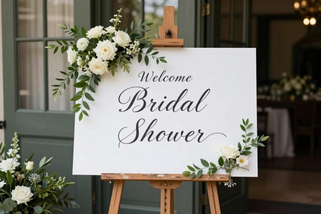 Beautiful bridal shower welcome sign on decorative easel with floral accents