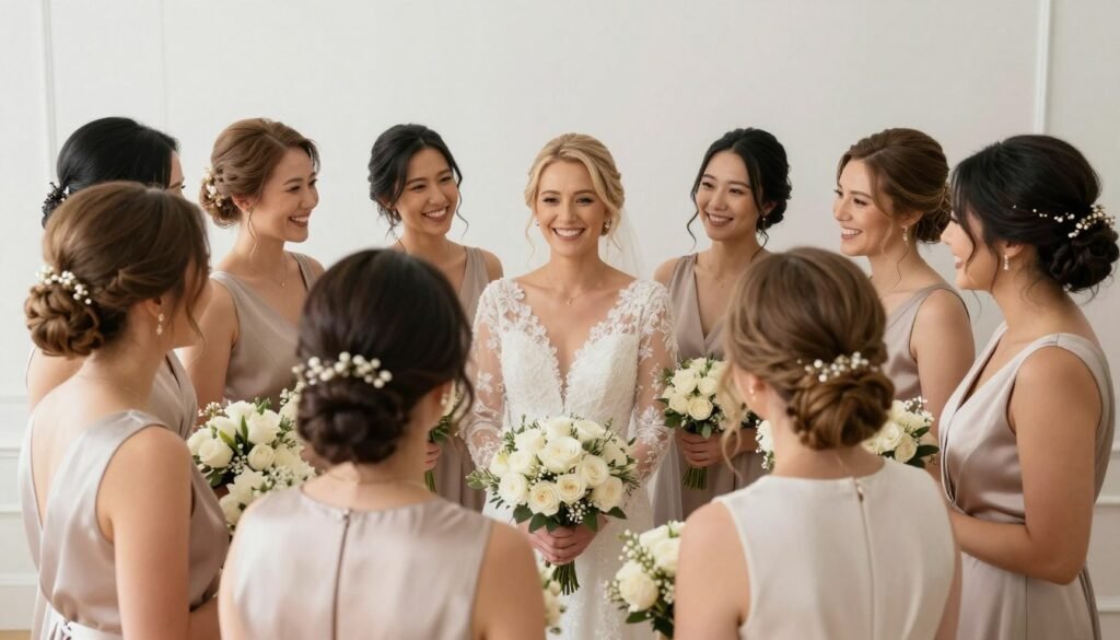 Beautiful bridesmaid hairstyles showcase with happy wedding party celebrating