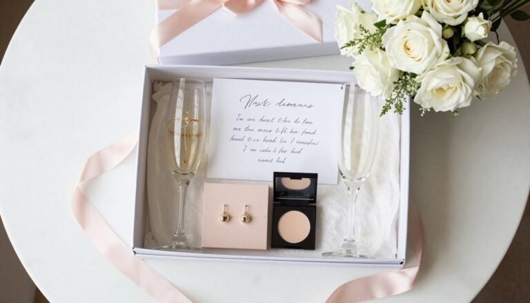 Beautiful bridesmaid proposal gift box with personalized items, ribbons, and flowers on elegant table setting