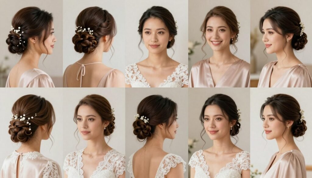 Beautiful collection of diverse bridesmaid hairstyles in wedding setting Beautiful collection of diverse bridesmaid hairstyles in wedding setting