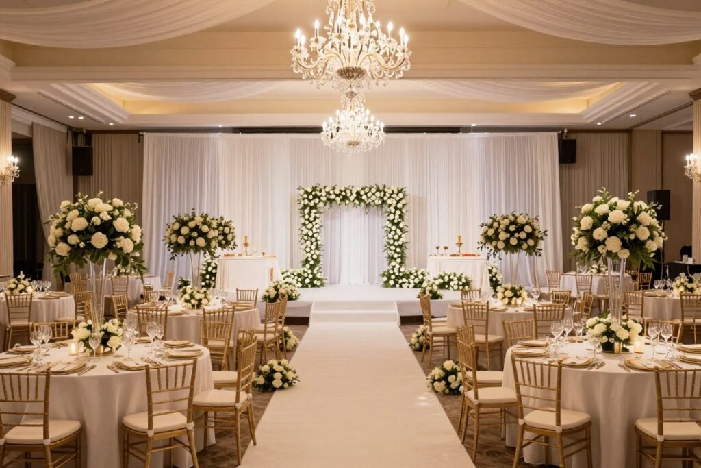 Beautiful complete wedding reception showcasing all decoration elements