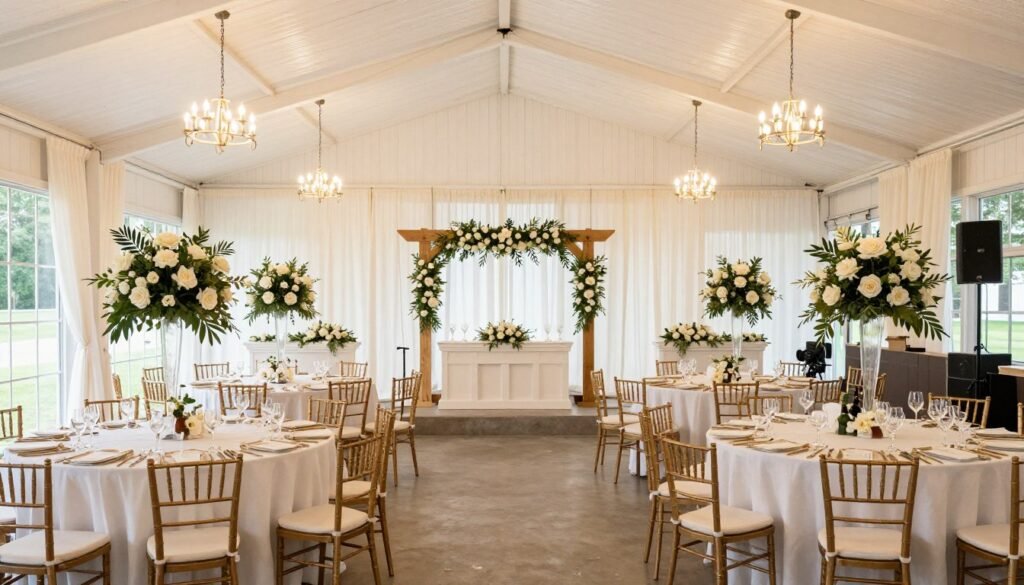 Beautiful complete wedding venue decorated and ready for celebration