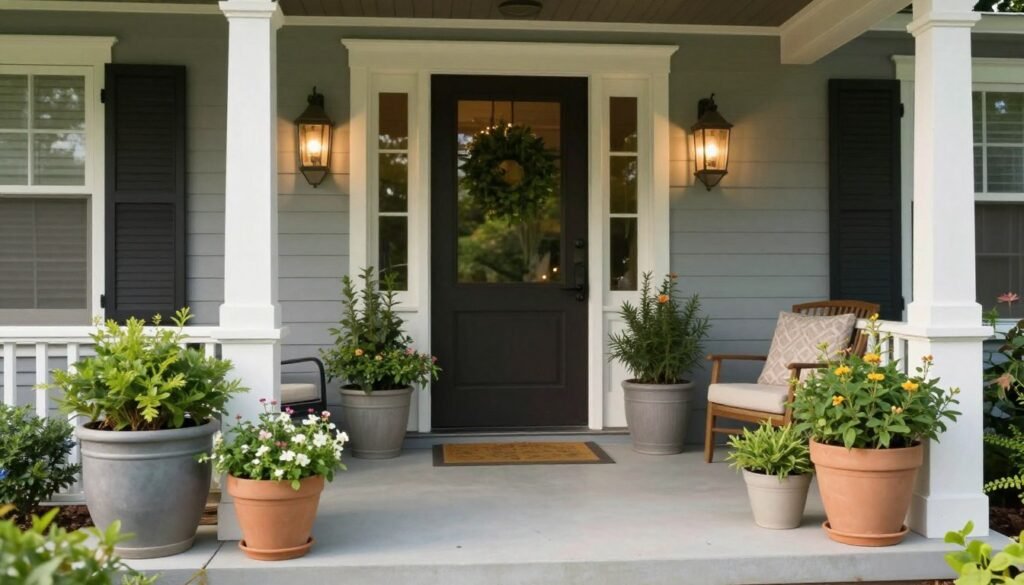 Beautiful finished porch with multiple planters creating a welcoming entrance