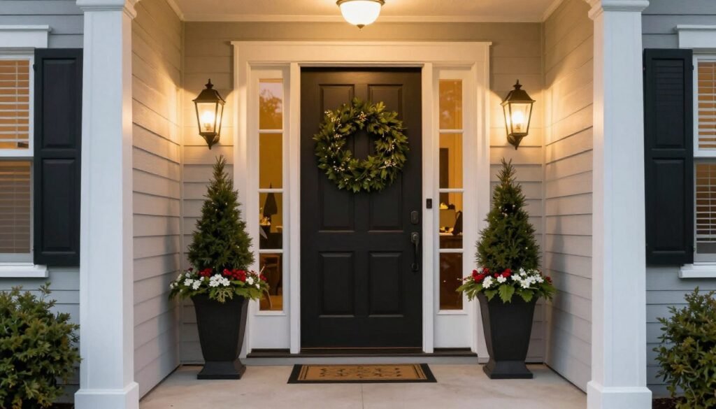 Beautiful front entrance with seasonal planters, showing the finished transformation with enhanced curb appeal